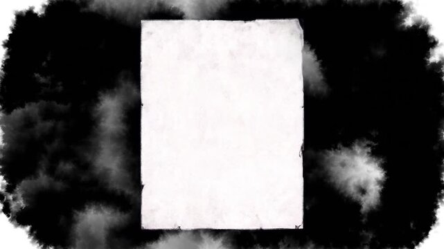 White parchment rectangle with worn edges emerging from dark fog, ready for typography, quotes, or announcements