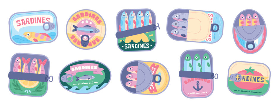 Cartoon sardines in cans. Canned fish, retro packages for seafood. Sprats, sea products in various cans. Fresh sardine for nutrition, racy vector set