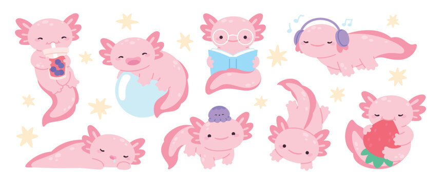 Cartoon axolotl characters. Funny axolotls, pink baby amphibian mascots. Cute mexican salamander reading, sleeping, drink bubble tea, different reptiles racy vector clipart