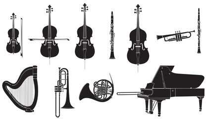Set of black classical orchestra musical instrument silhouettes isolated on a transparent background © Stock Pix Master