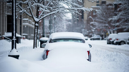 Car buried in snow on quiet city street after heavy winter storm. Vehicle covered in deep white snow, parked along snowy curb.