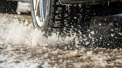 Car tire in slush splashes ice and water on winter road. Aggressive car tire in slush demonstrates traction on slippery, melting surface.