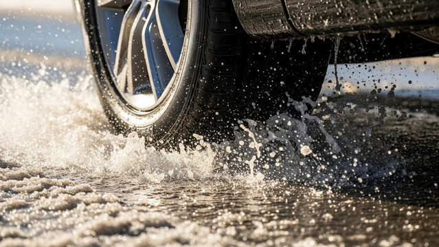 Car tire in slush creates large splash on wet road during winter driving conditions. Car tire in slush demonstrates poor traction and potential for hydroplaning.