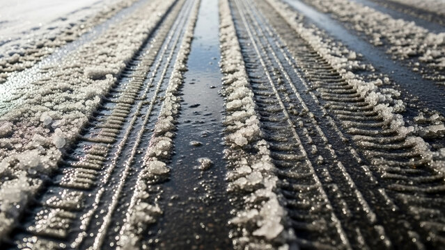 Car tracks in slush visible on asphalt road during winter season. Deep car tracks in slush left by vehicles on wet icy pavement, showing hazardous driving conditions.