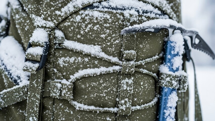 Detail of snow on backpack, showcasing durable fabric and an ice axe. Outdoor gear straps and buckles, covered in fresh snow on backpack surface. Concept for winter exploration, adventure travel.
