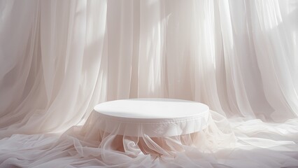 A serene and elegant white circular platform stands in front of a flowing white curtain backdrop