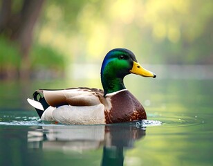 Obraz premium A Mallard duck glides on a tranquil pond