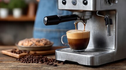 A barista in a blue apron is pulling the first espresso shot on a new professional machine in a bright, renovated home coffee bar