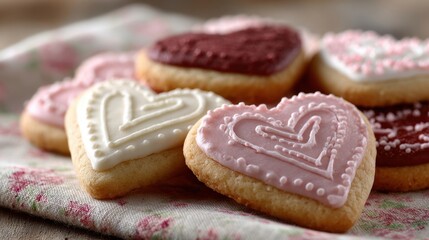 A Valentine's Day cookie assortment, heart-shaped sugar cookies with intricate royal icing designs, on a vintage floral tablecloth