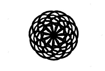 A black geometric sphere with intricate patterns on a white background