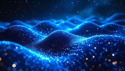 Obraz premium A mesmerizing, abstract, close-up rendering of luminous blue waves with sparkling light effects that depict an ethereal digital universe
