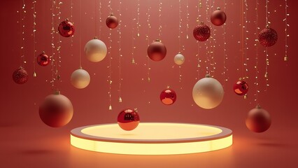 A festive holiday scene with red and white Christmas ornaments suspended above a glowing circular platform