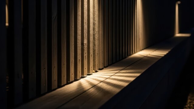 Warm light from up-down luminaire creating an array of shadows along a wooden fence and deck at night. Modern outdoor lighting design for patio ambiance.