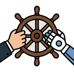 Obraz premium Icon Al Co-Pilot for Work: A human and an Al robot hand jointly steering a ship's wheel.