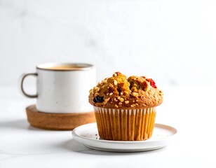 A muffin and coffee on a white surface