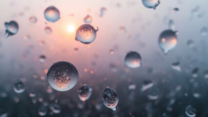 A serene and peaceful scene of water droplets on a windowpane during sunset