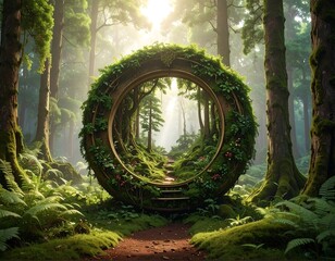 A natural forest scene features a large, moss-covered ring, serving as a portal or gateway into a sunlit glade