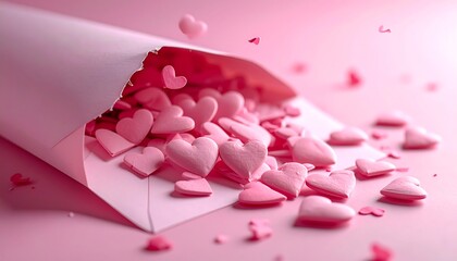 A pastel pink envelope spills out heart-shaped candies onto a matching surface, with small hearts scattered around