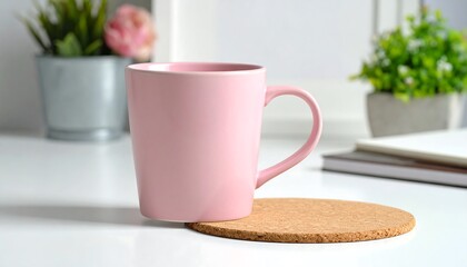 A pastel pink mug sits on a cork coaster against a white backdrop. Green plants and books are visible