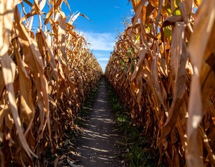 A path through a field of dried corn stalks under a clear blue sky
