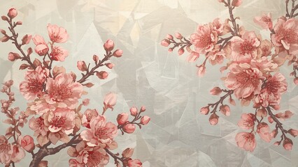 A beautiful floral pattern featuring pink cherry blossoms on a soft gray background