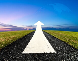 A paved road with a white arrow pointing upward, leading to a horizon with a partly visible globe