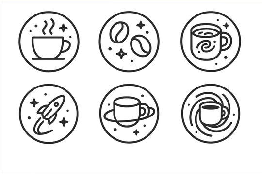 Caffeine Nebula Icons. Line style circular vector icons of caffeine nebula: steaming cup drifting through stars, bean-shaped