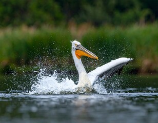 A pelican splashing in the water