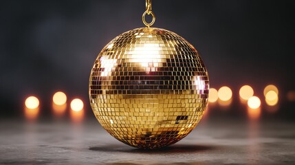 Obraz premium A gold disco ball is hanging from a chain. The ball is surrounded by a dark background with a few candles in the foreground. Scene is festive and celebratory