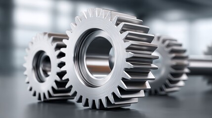 Three gears are shown in a row, with the middle gear being the largest. The gears are all silver and appear to be part of a larger machine. Concept of precision and engineering