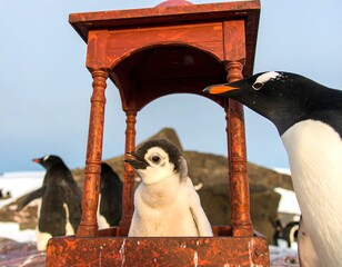 A penguin chick under a miniature temple-like structure