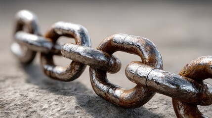 Fototapeta premium A chain is shown in a close up, with the links visible and the chain itself appearing to be rusted. Concept of wear and tear, as well as a feeling of being stuck or constrained