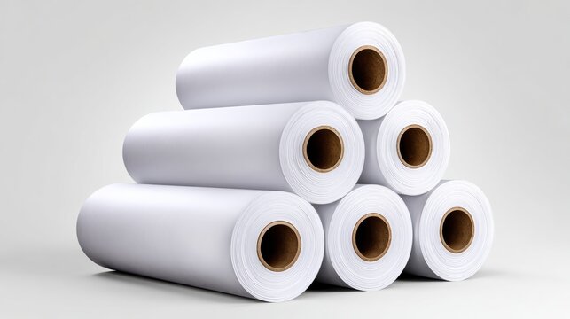 A stack of white rolls of paper. The rolls are stacked on top of each other. The rolls are white and have a cardboard tube in the middle