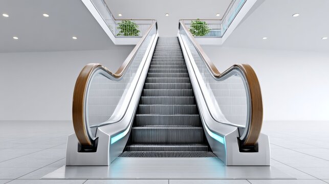 The escalator is very tall and has a wooden handrail. The stairs are white and the handrail is brown