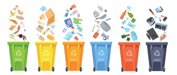 Waste segregation. Trash sorting, selective collect garbage separating recycling rubbish classification plastic bins containers glass bottle paper organic, neat vector illustration