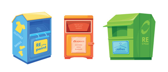 Clothes donation bins. Clothing donate city boxes, cloth fabric recycling container eco friendly environment sorting waste social support garment exchange, neat vector illustration