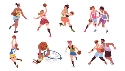 Basketball players. Athletes sport uniform playing game throwing ball in basket, man woman players defense offense play isolated cartoon characters set classy vector illustration