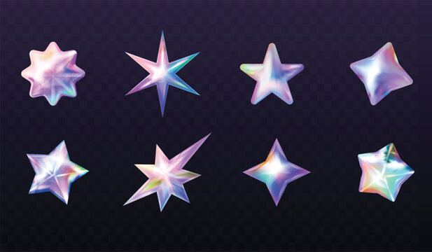 3d holographic stars. Realistic inflated balloon twinkle star, hologram bling bubble shape y2k neon sparkle violet chrome element holo icons, isolated exact vector illustration