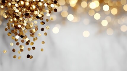 A gold glittery background with a lot of gold glitter. The background is white and the glitter is scattered all over it
