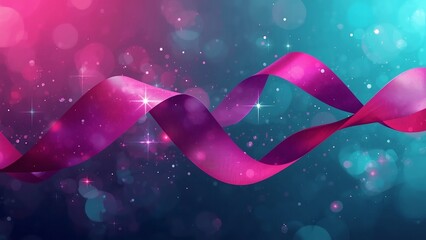 A vibrant pink ribbon flows across a sparkling blue and pink background