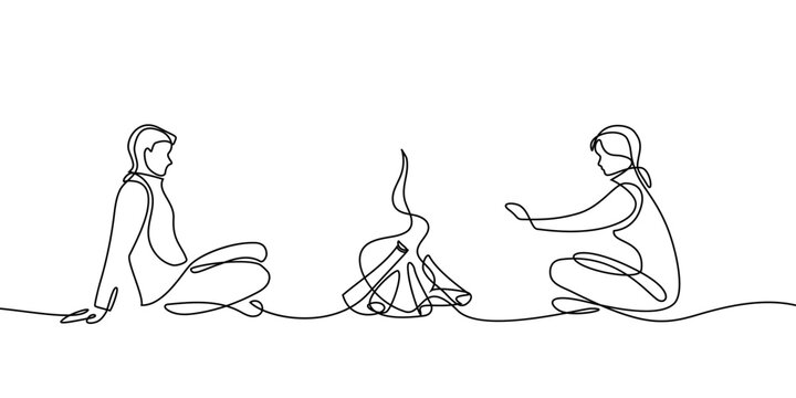 Continuous line art drawing of people sit by bonfire. Tourists, man and woman, sitting around campfire, warming hands and talking. Black linear design isolated on white background. Vector illustration