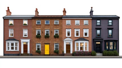 A row of houses with a yellow door and a black door. The houses are brick and have windows