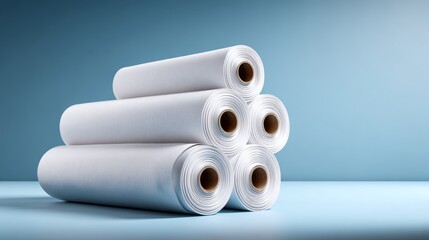 A stack of white paper rolls on a blue background. The rolls are piled on top of each other, creating a sense of order and organization. The image conveys a feeling of productivity and efficiency