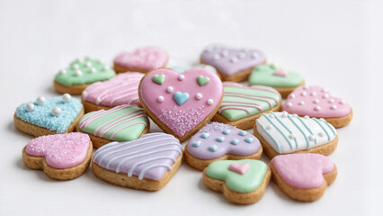 Heart shaped cookies decorated with pastel icing and small designs arranged on a plain surface during a festive gathering