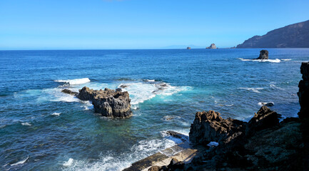 Sea arch and volcanic rocks on the west coast of Island El Hierro, Canary Islands, Spain, Europe.