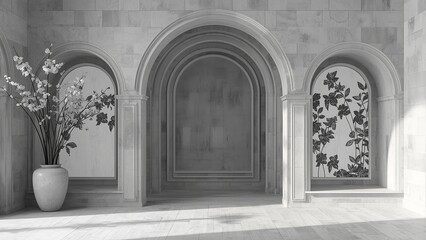 A black and white photo of a stone building with arched doorways and a vase of flowers