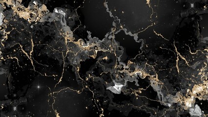 A luxurious black marble background with gold and gray veins, perfect for high-end design and decor