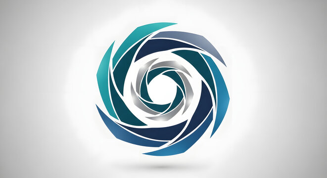 Abstract swirling vortex logo design featuring multiple layered geometric shapes in shades of blue teal and gray creating a dynamic circular motion effect