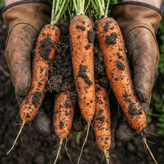 Gloved Hands Holding Freshly Harvested Carrots with Soil