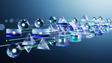 Futuristic arrangement of glass geometric shapes and spheres with digital lines on reflective surface